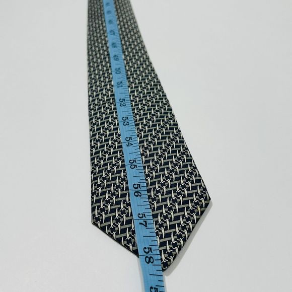 HERMES Tie Necktie Silk Handmade Tusk Chain Link Pattern 7043Dark Blue Beige - Picture 6 of 6